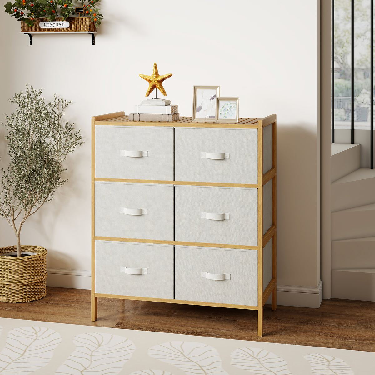 Bamboo Fabric Dresser with 6 Drawers & Folding Bins - Natural