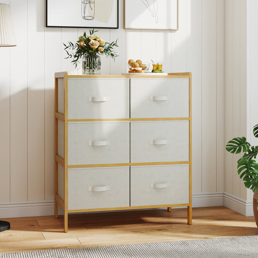 Bamboo Fabric Dresser with 6 Drawers & Folding Bins - Natural