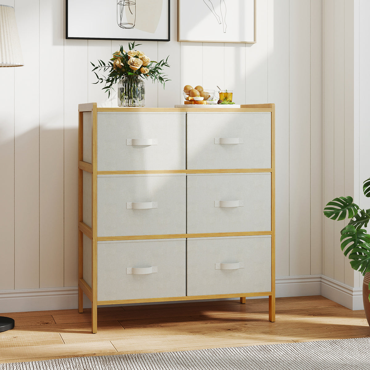 Bamboo Fabric Dresser with 6 Drawers & Folding Bins - Natural