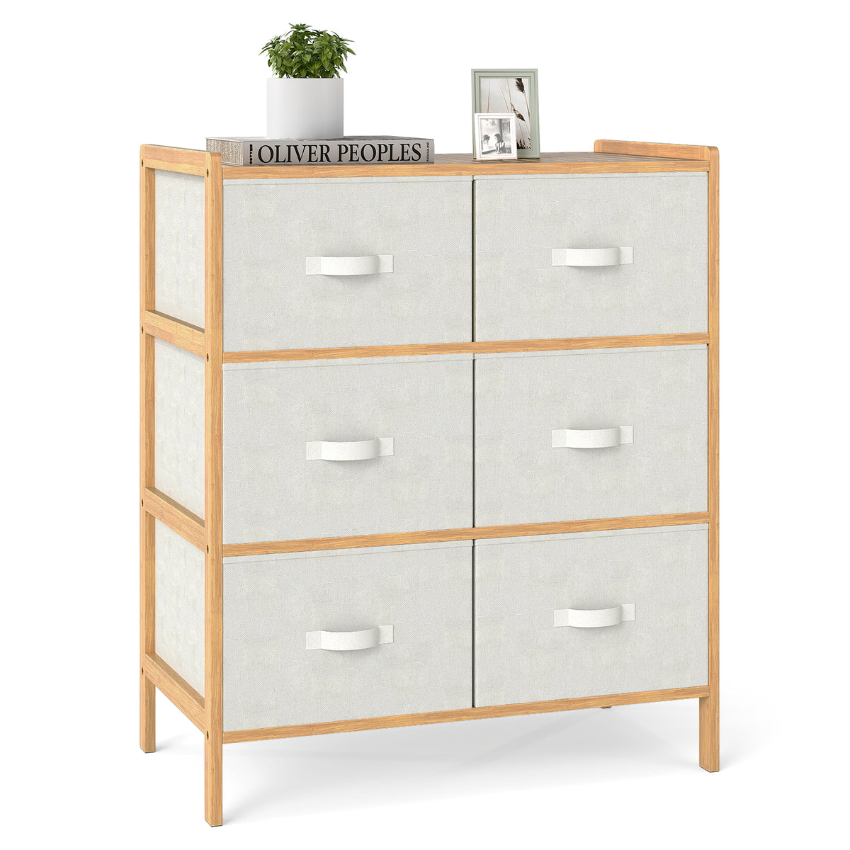 Bamboo Fabric Dresser with 6 Drawers & Folding Bins - Natural