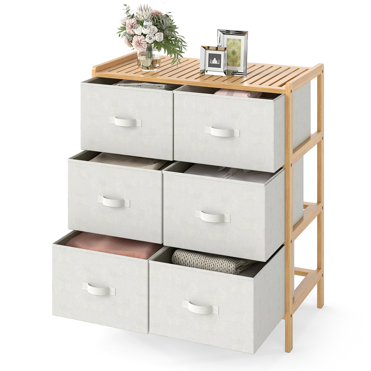 Bamboo Fabric Dresser with 6 Drawers & Folding Bins - Natural