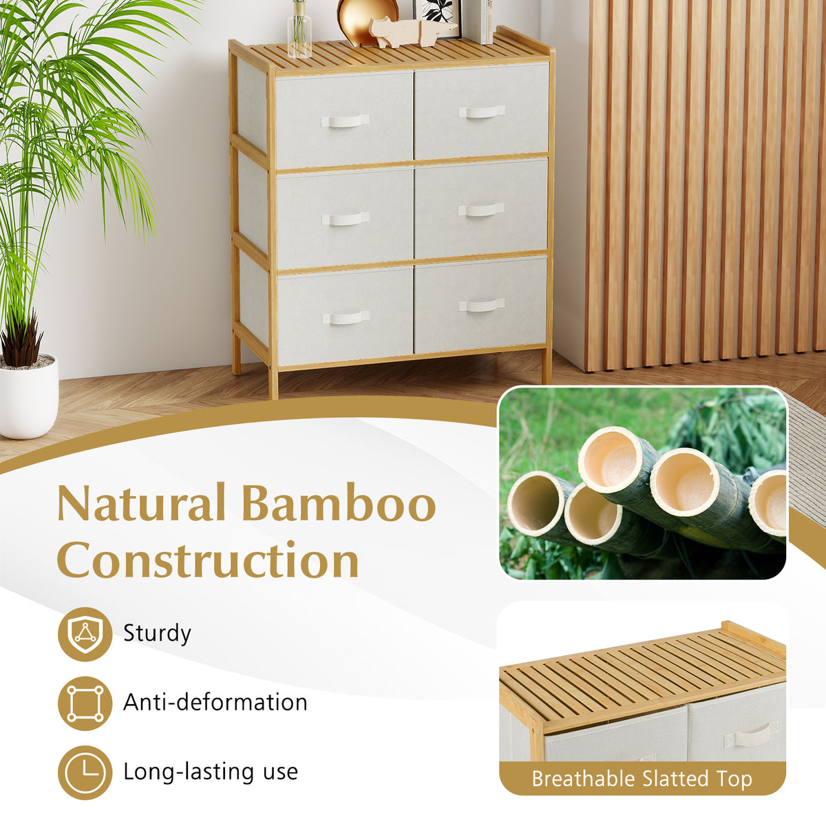 Bamboo Fabric Dresser with 6 Drawers & Folding Bins - Natural