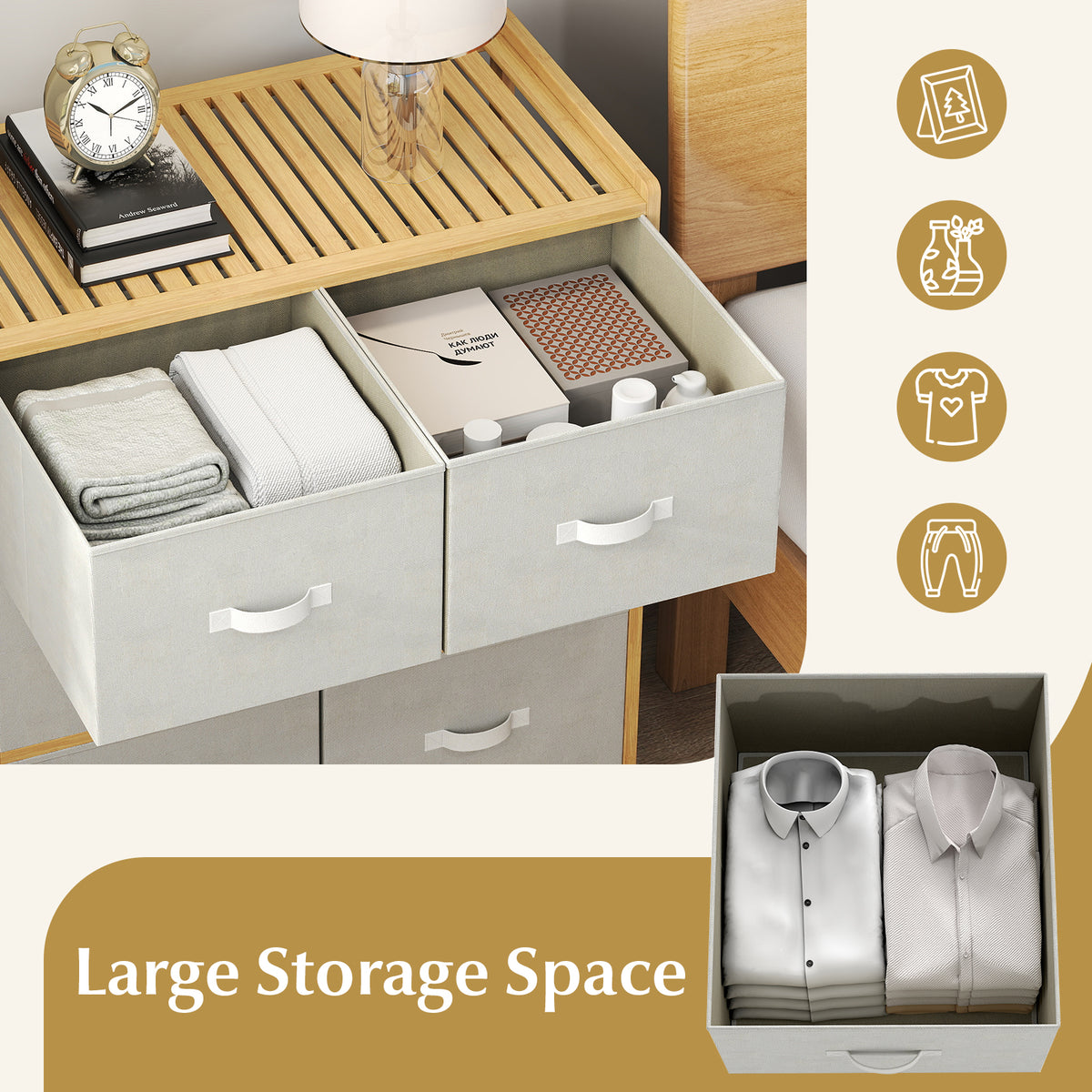Bamboo Fabric Dresser with 6 Drawers & Folding Bins - Natural