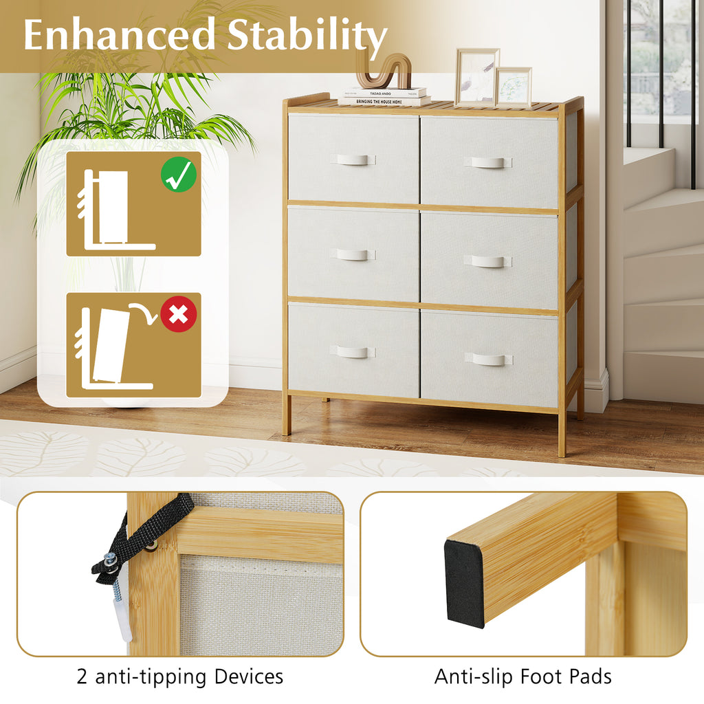 Bamboo Fabric Dresser with 6 Drawers & Folding Bins - Natural
