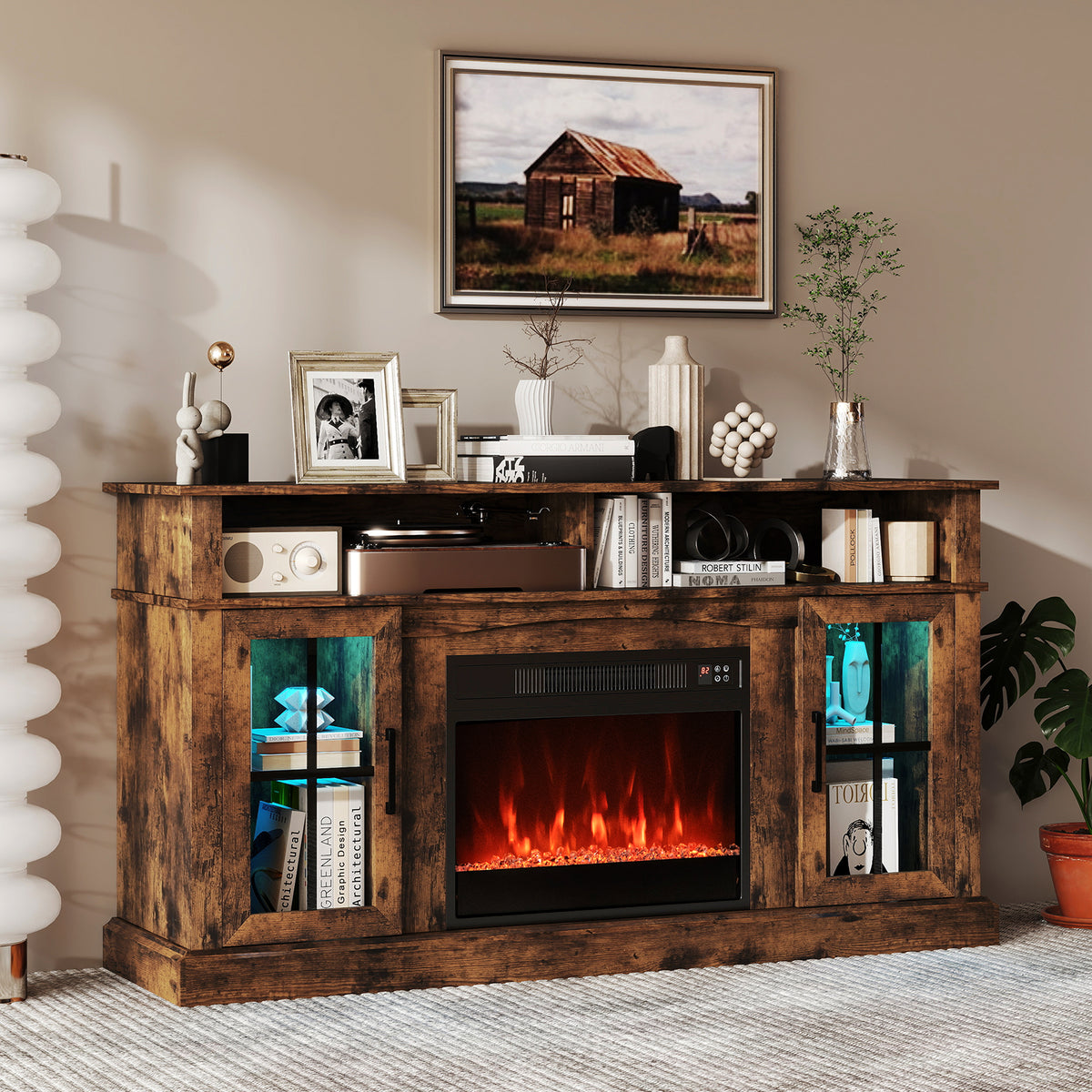 58" Fireplace TV Stand with LED Lights - For 65" TV, Black