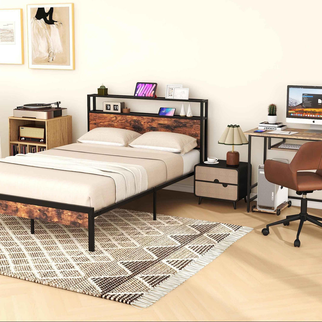 55 Inch Writing Desk with Storage Shelves, Rustic Brown