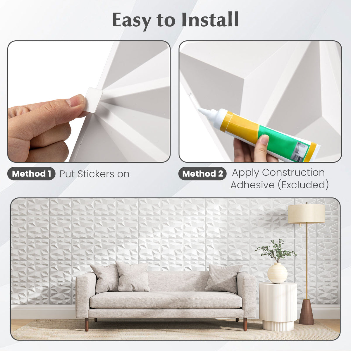 50-Pack White 3D PVC Wall Panels for Interior Decoration with Diamond Accent - Easy DIY Installation