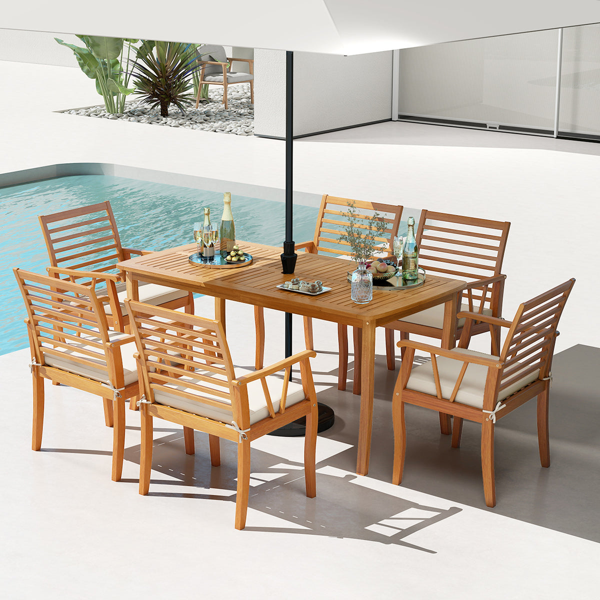7-Piece Acacia Wood Patio Dining Set with Cushions - Style 1
