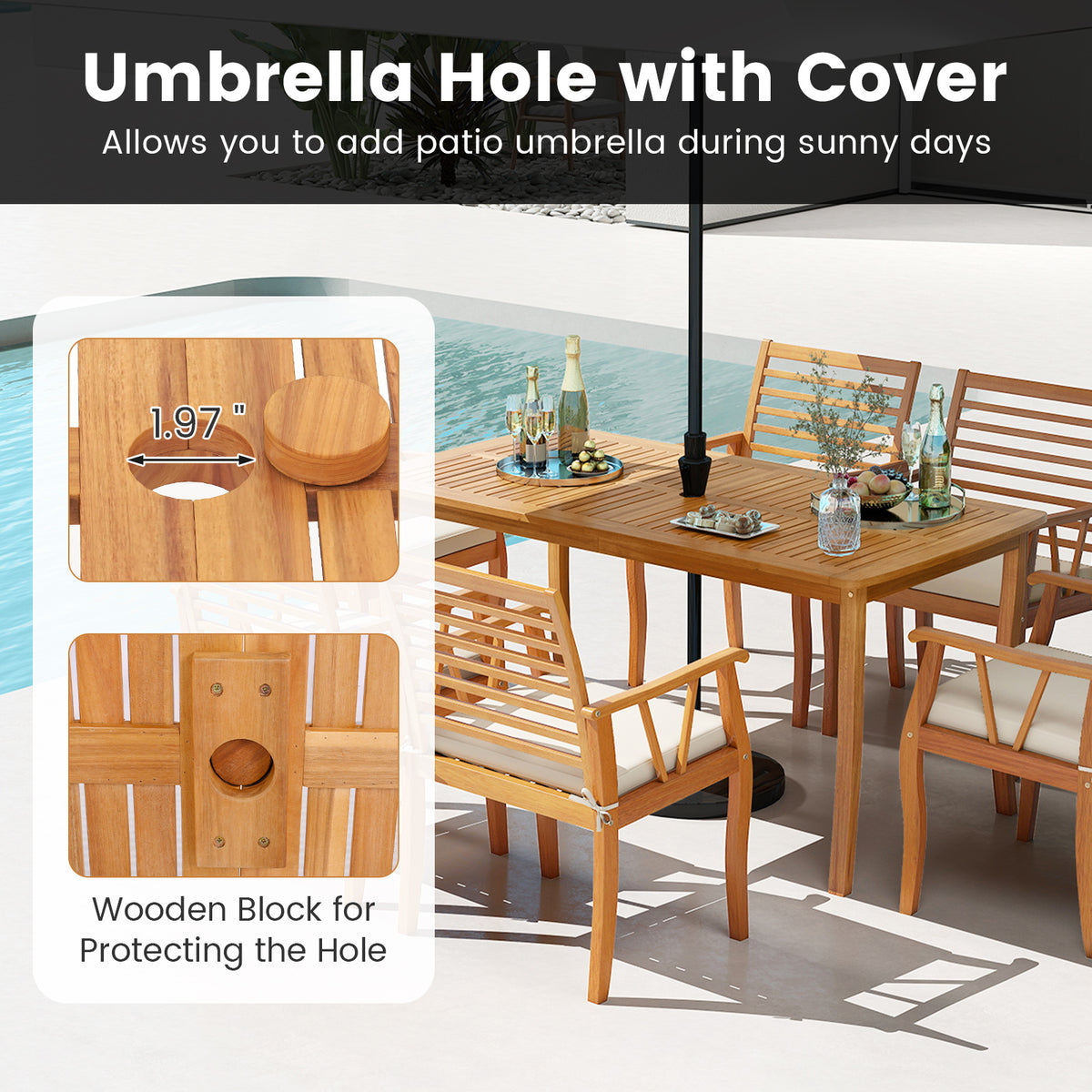 7-Piece Acacia Wood Patio Dining Set with Cushions - Style 1