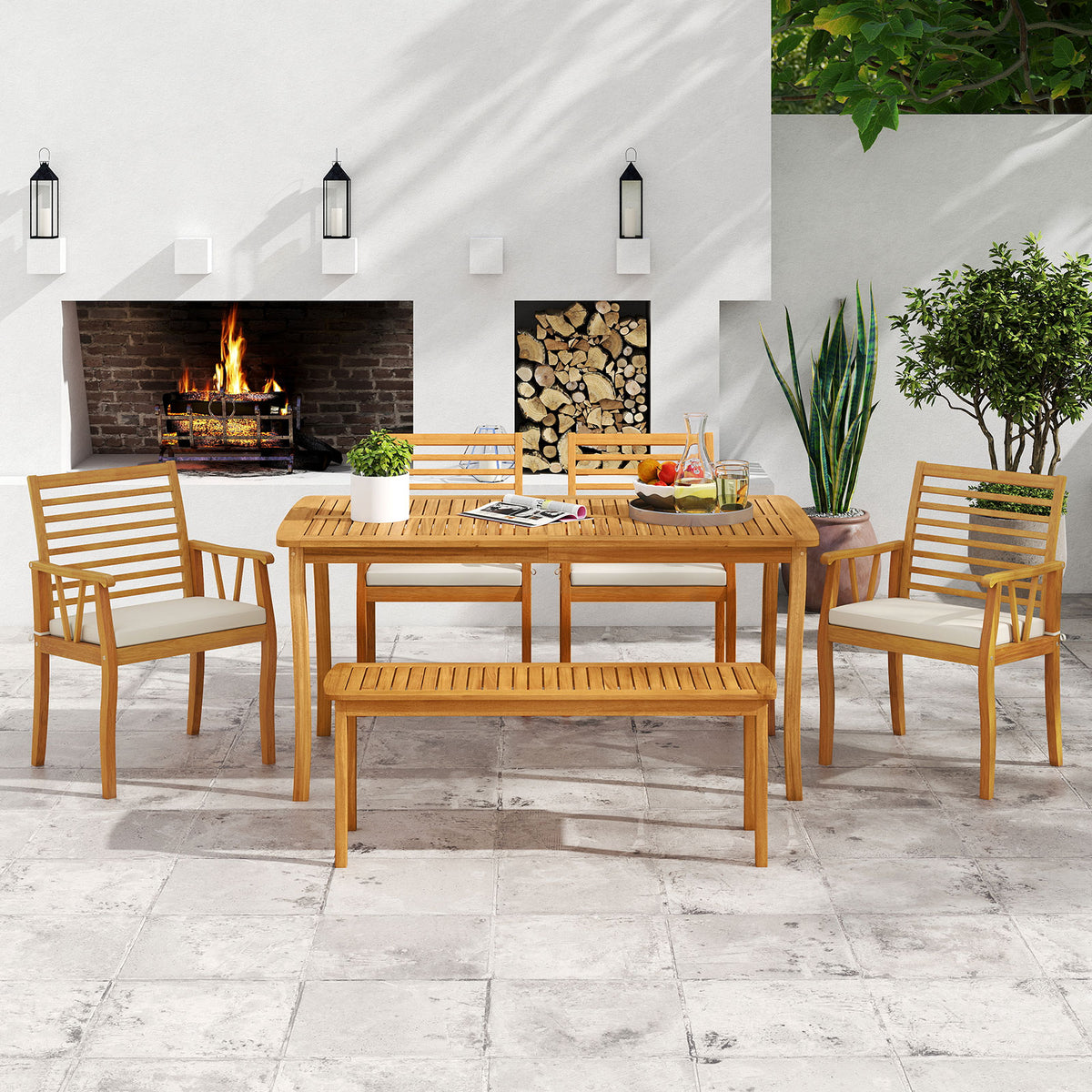 Acacia Wood 6-Piece Outdoor Dining Set with Umbrella Hole – Style 1