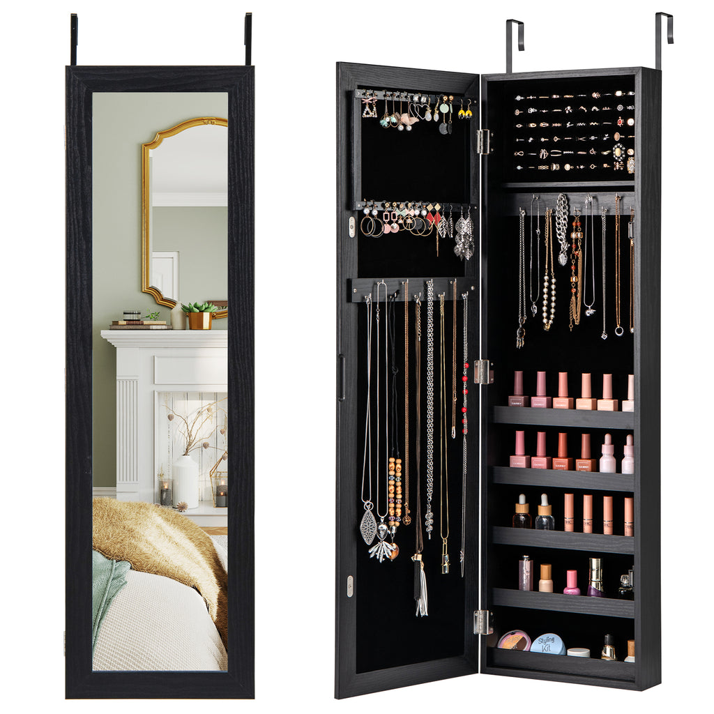 Lockable Wall Mount Mirrored Jewelry Cabinet with LED Lights - White