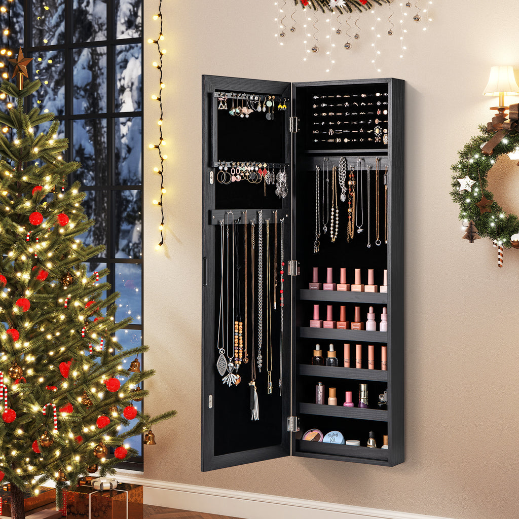 Jewelry Armoire Wall or Door Mounted with Full-Length Mirror, Black