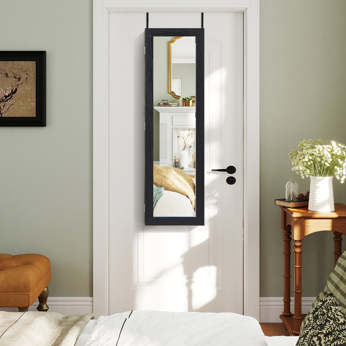 Jewelry Armoire Wall or Door Mounted with Full-Length Mirror, Black