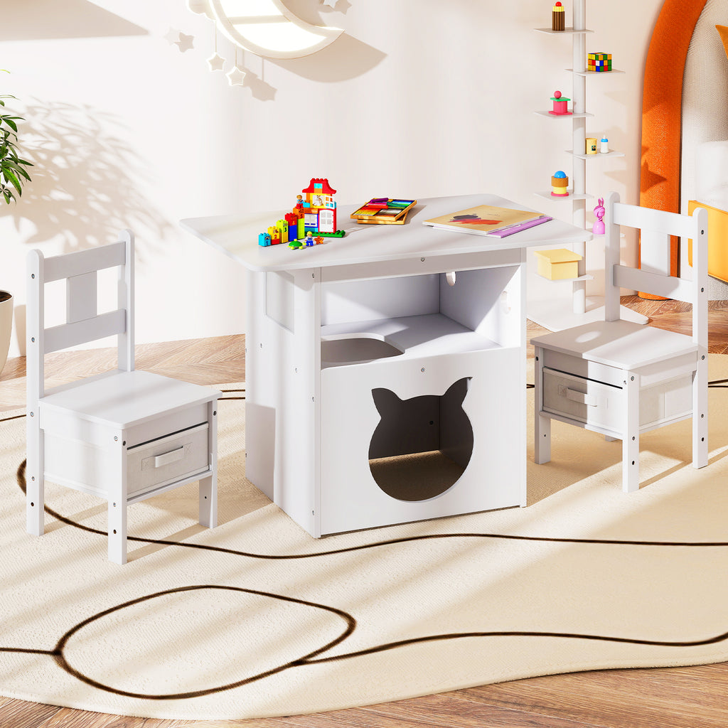 Kids Wooden Table and Chairs Set with Cat House - White, 3 Pieces