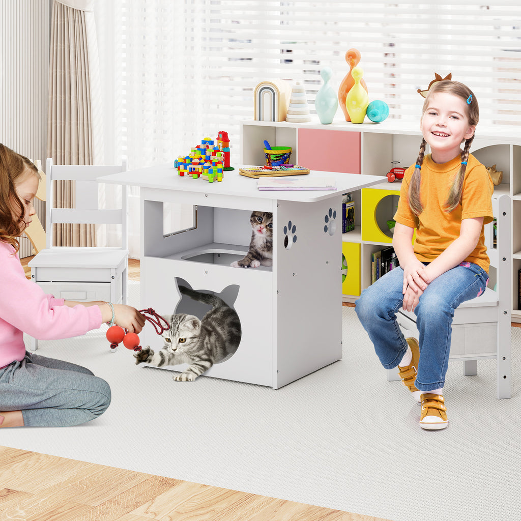Kids Wooden Table and Chairs Set with Cat House - White, 3 Pieces