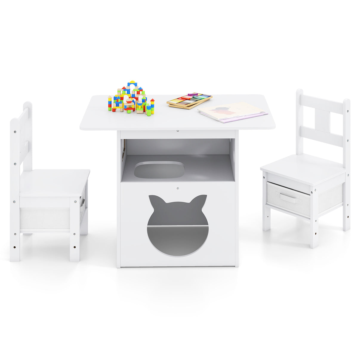Kids Wooden Table and Chairs Set with Cat House - White, 3 Pieces