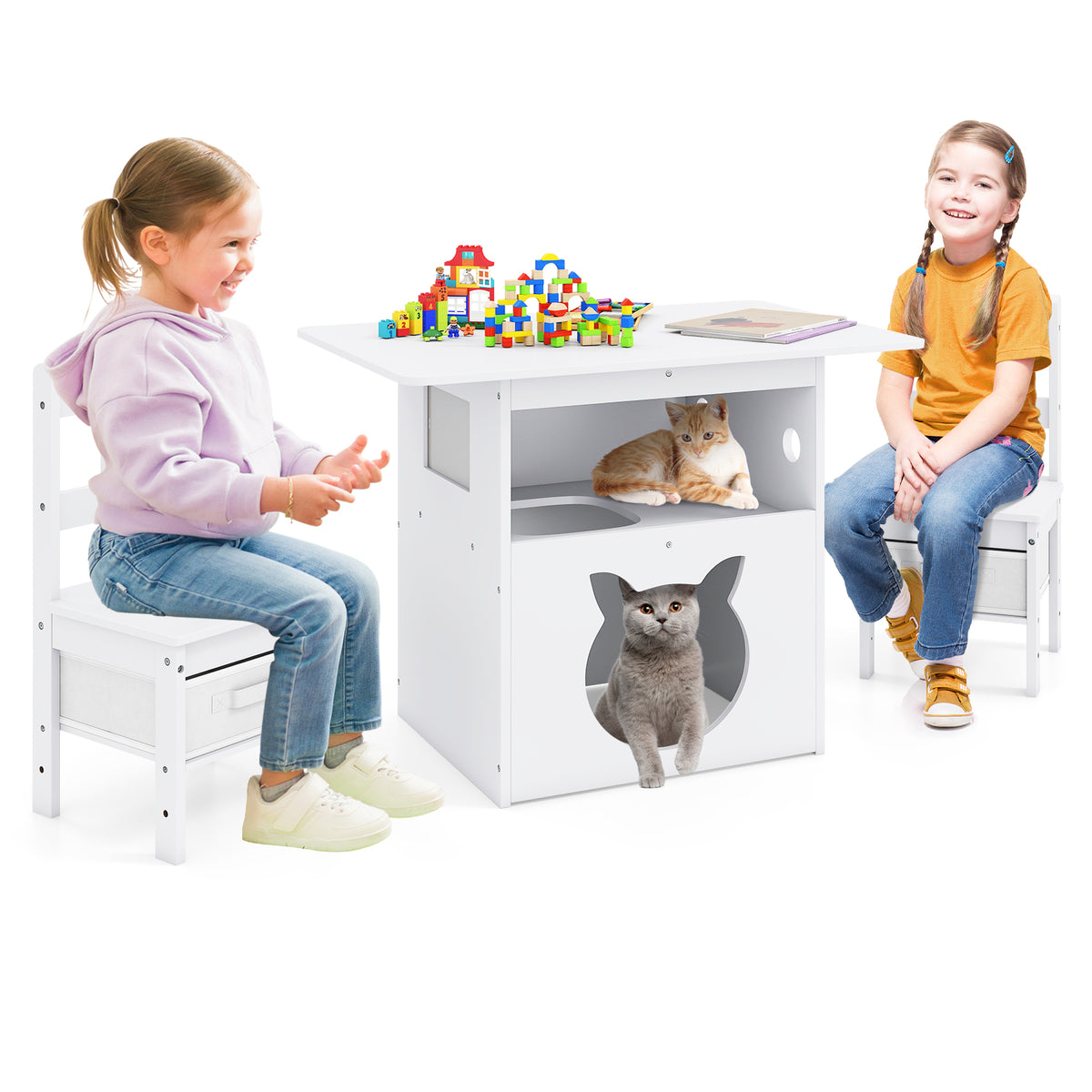 Kids Wooden Table and Chairs Set with Cat House - White, 3 Pieces