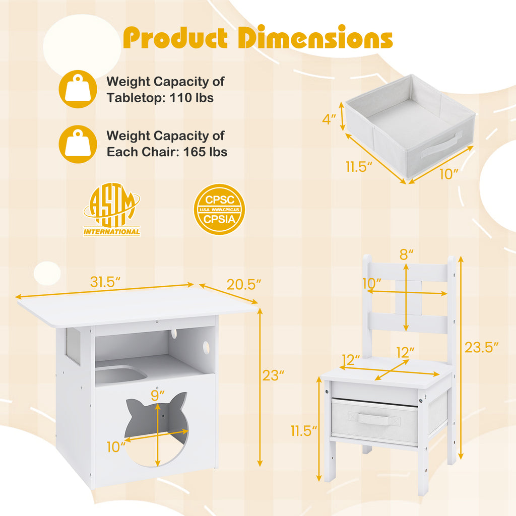Kids Wooden Table and Chairs Set with Cat House - White, 3 Pieces