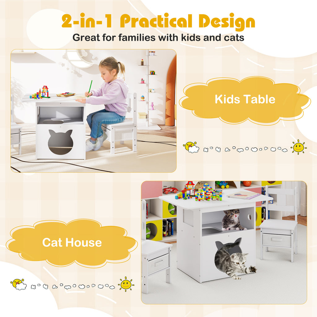 Kids Wooden Table and Chairs Set with Cat House - White, 3 Pieces