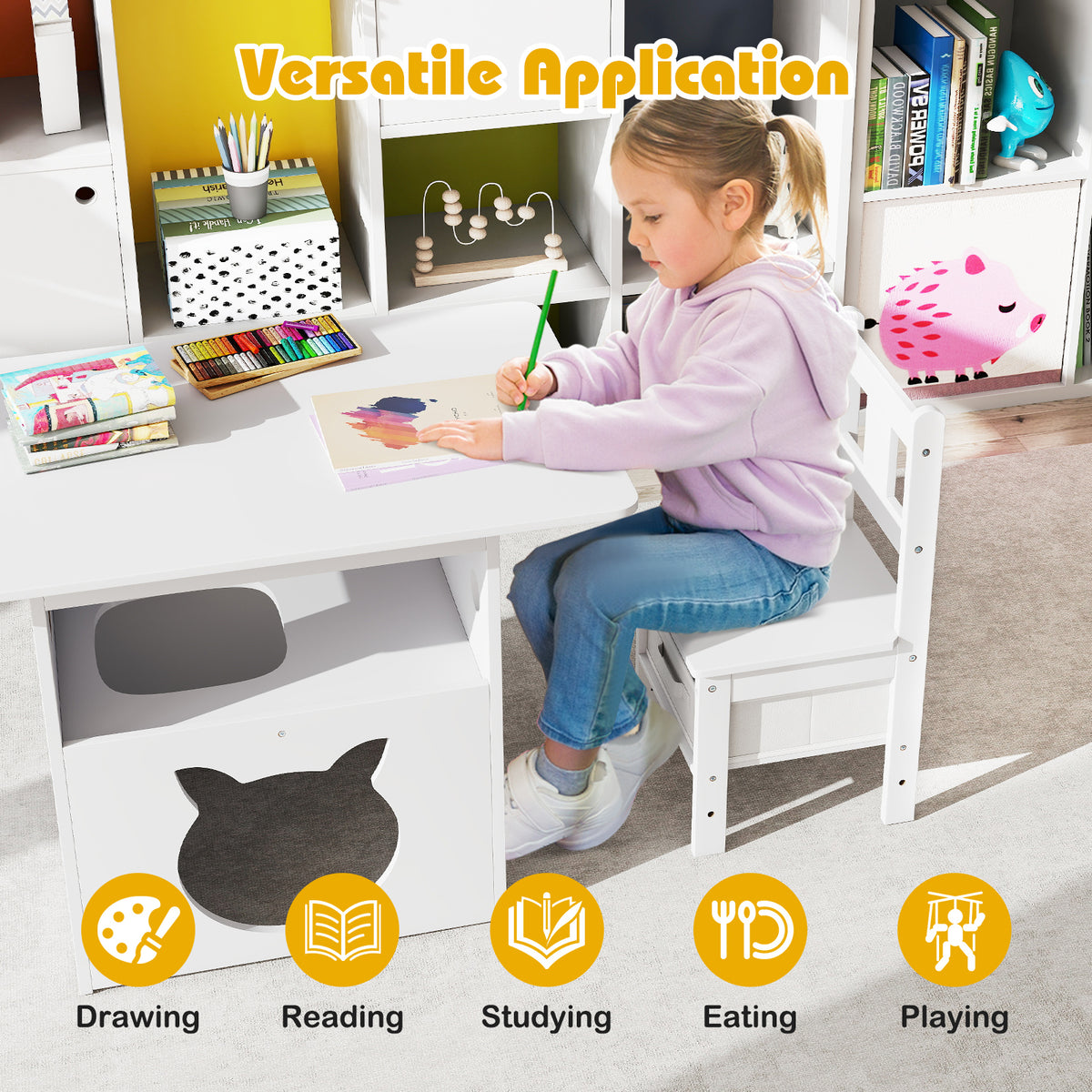 Kids Wooden Table and Chairs Set with Cat House - White, 3 Pieces