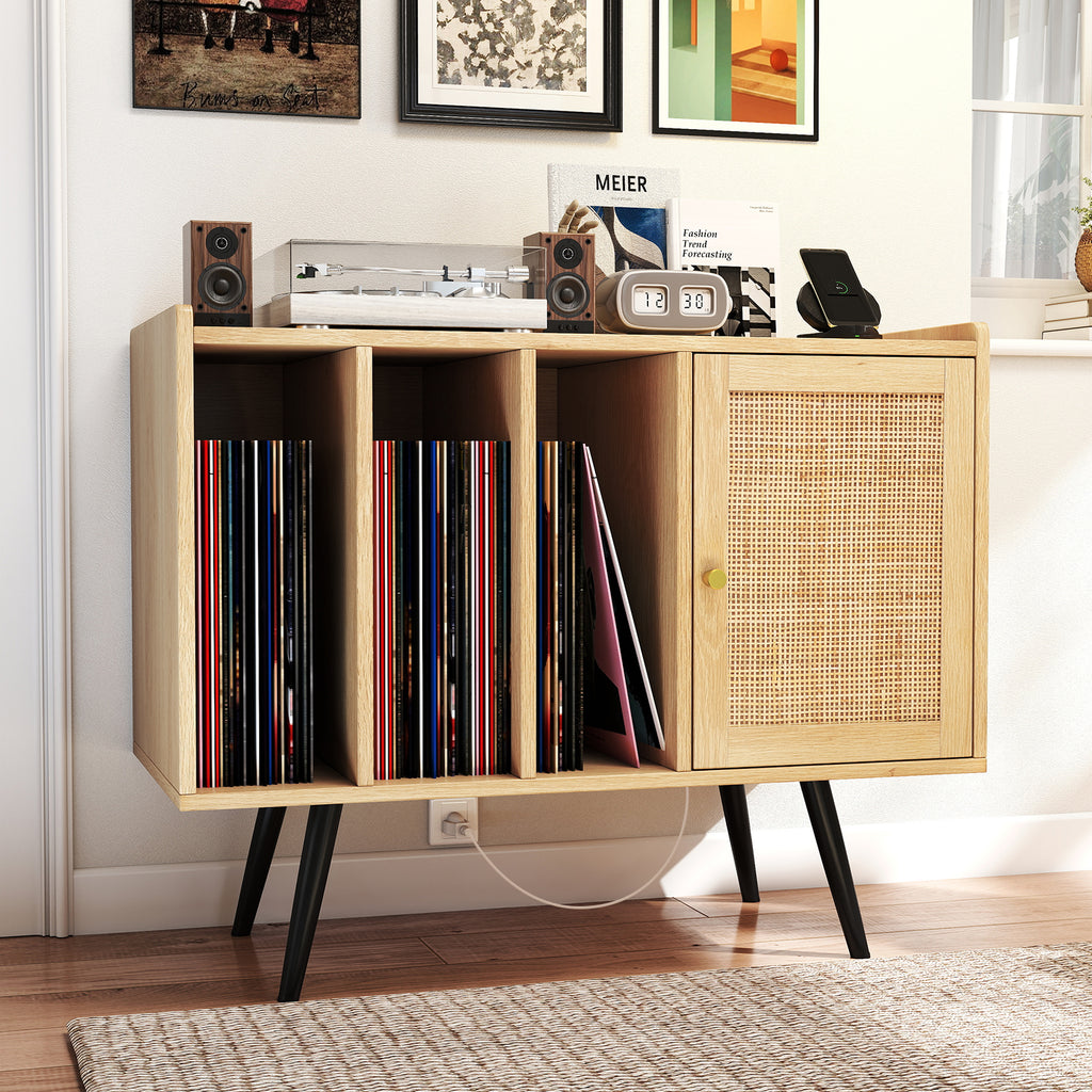 Record Player Stand with Charging Station and Rattan Cabinet - Natural