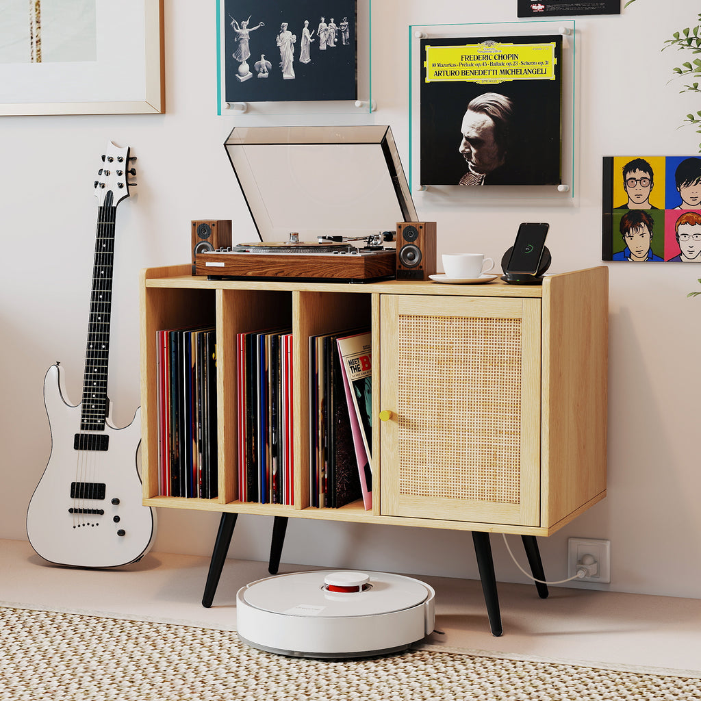 Record Player Stand with Charging Station and Rattan Cabinet - Natural