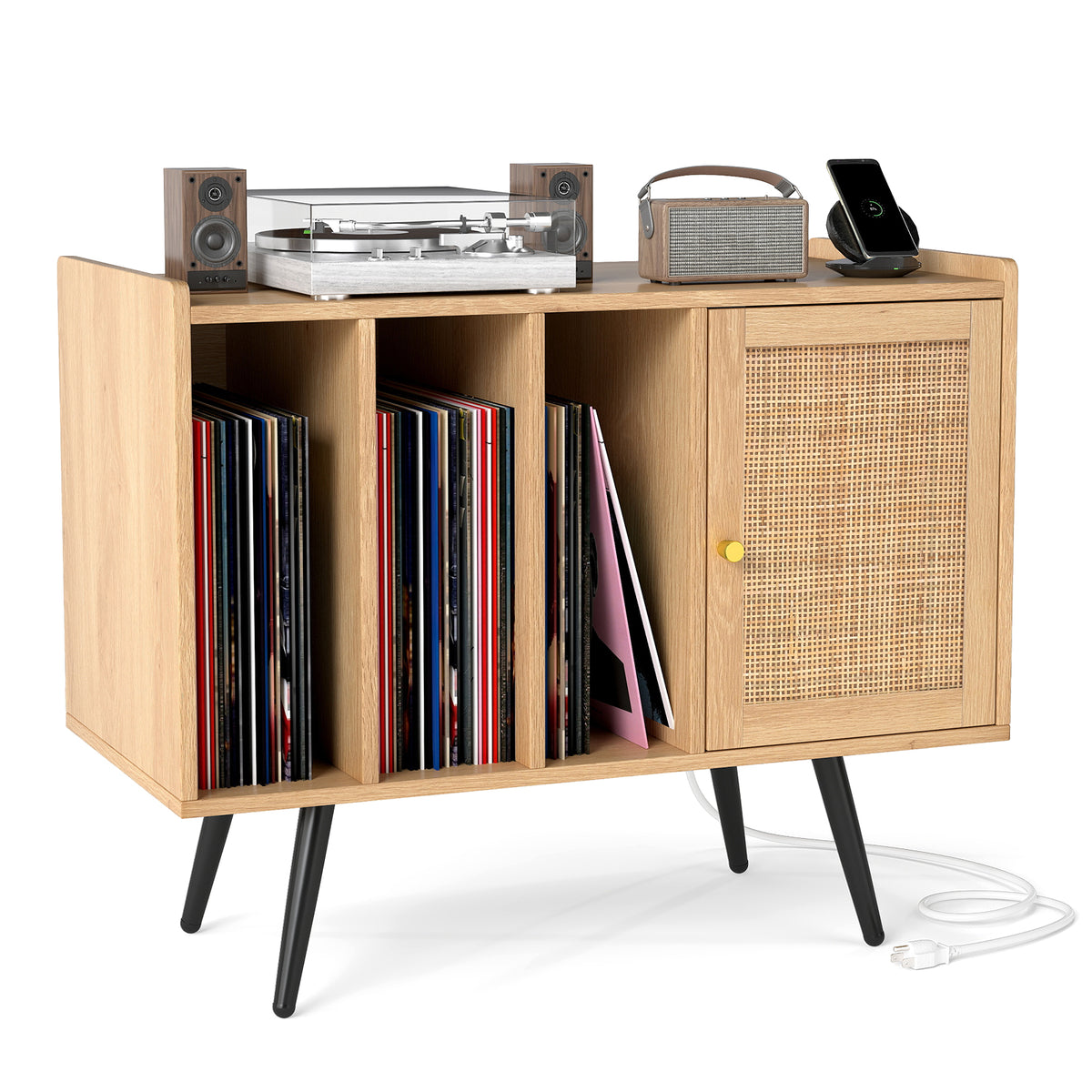 Record Player Stand with Charging Station and Rattan Cabinet - Natural