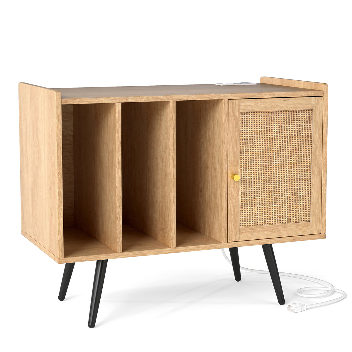 Record Player Stand with Charging Station and Rattan Cabinet - Natural