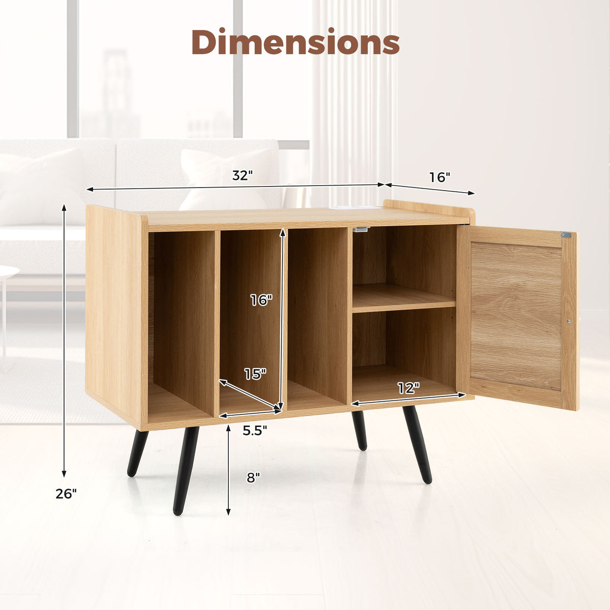 Record Player Stand with Charging Station and Rattan Cabinet - Natural