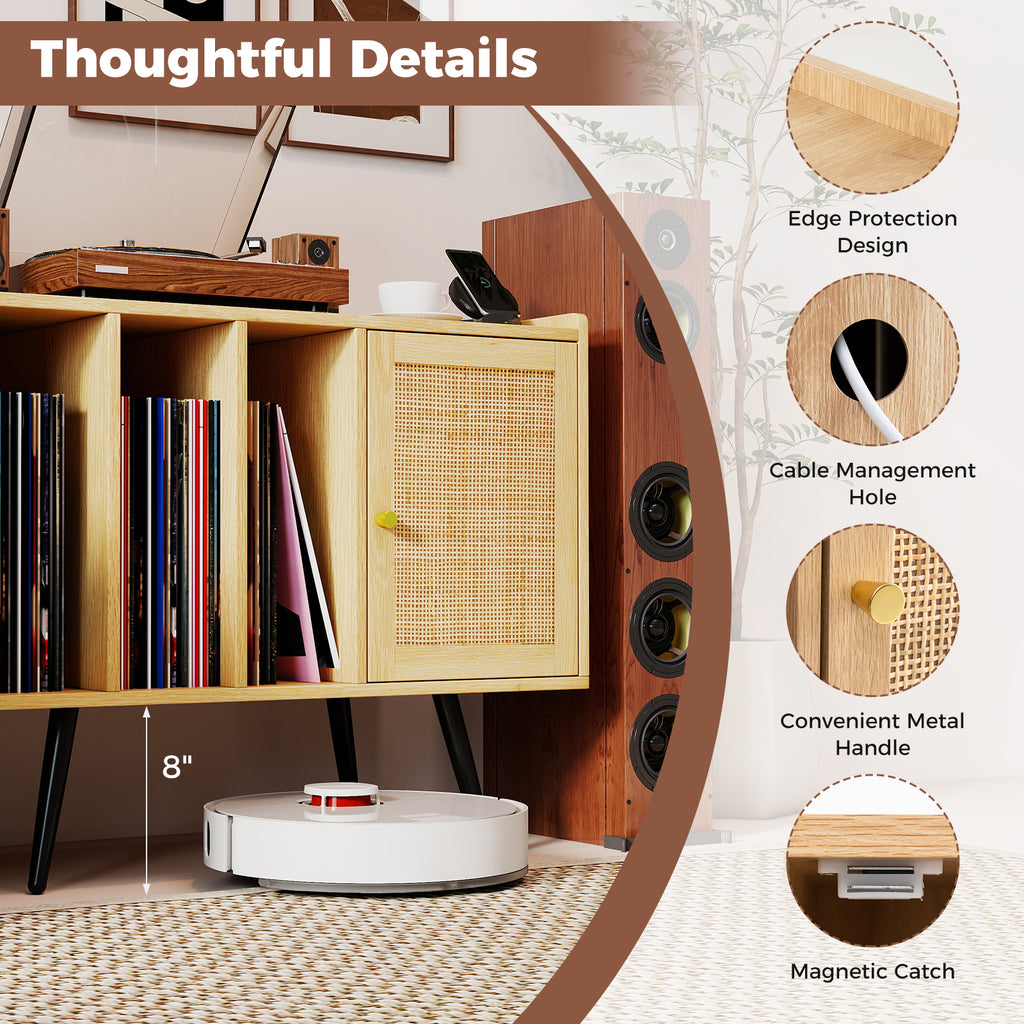 Record Player Stand with Charging Station and Rattan Cabinet - Natural
