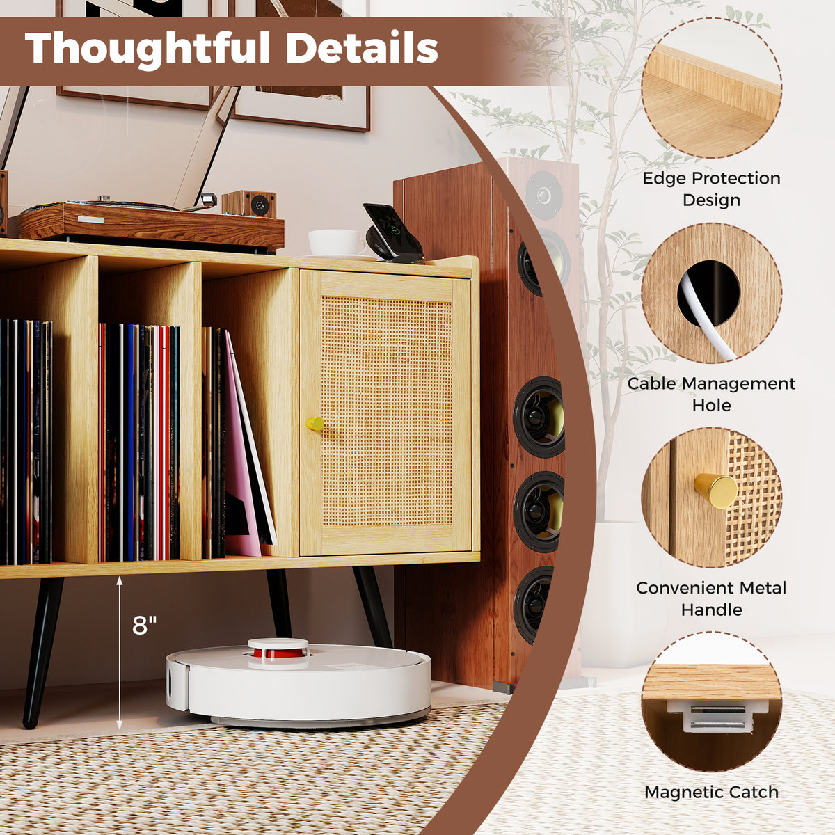 Record Player Stand with Charging Station and Rattan Cabinet - Natural