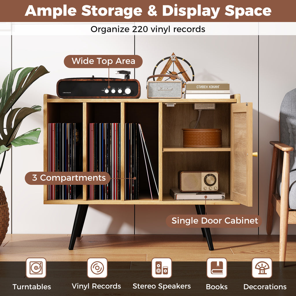 Record Player Stand with Charging Station and Rattan Cabinet - Natural