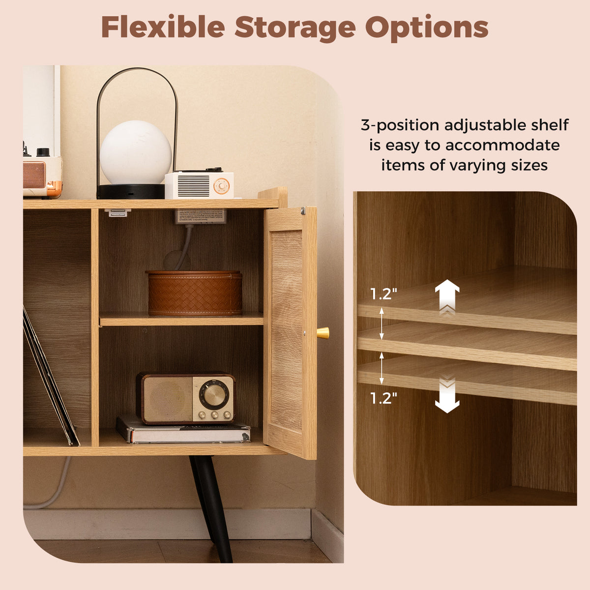 Record Player Stand with Charging Station and Rattan Cabinet - Natural