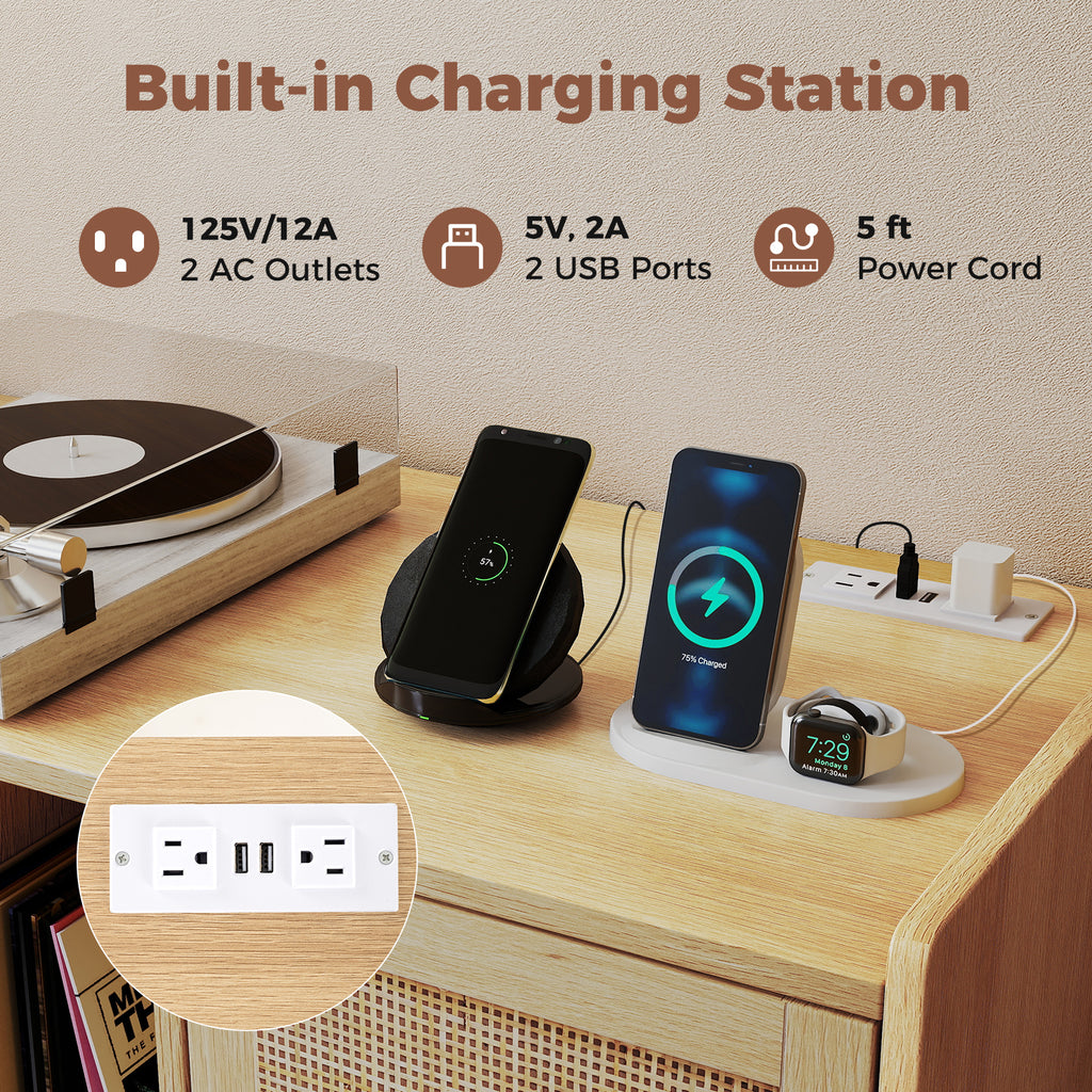 Record Player Stand with Charging Station and Rattan Cabinet - Natural