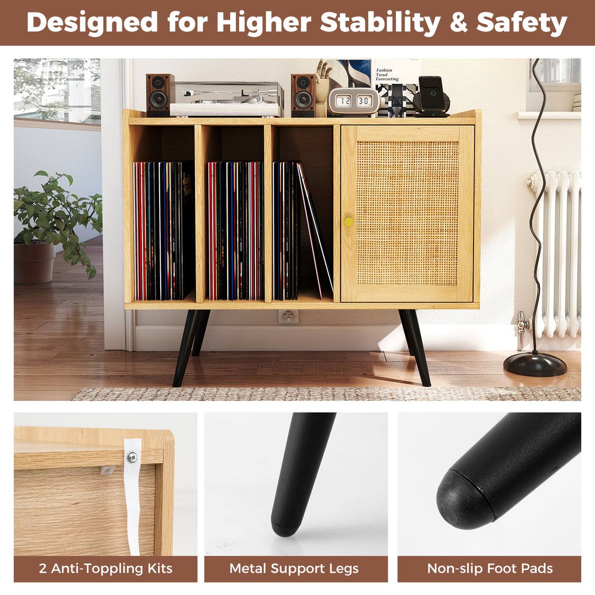Record Player Stand with Charging Station and Rattan Cabinet - Natural