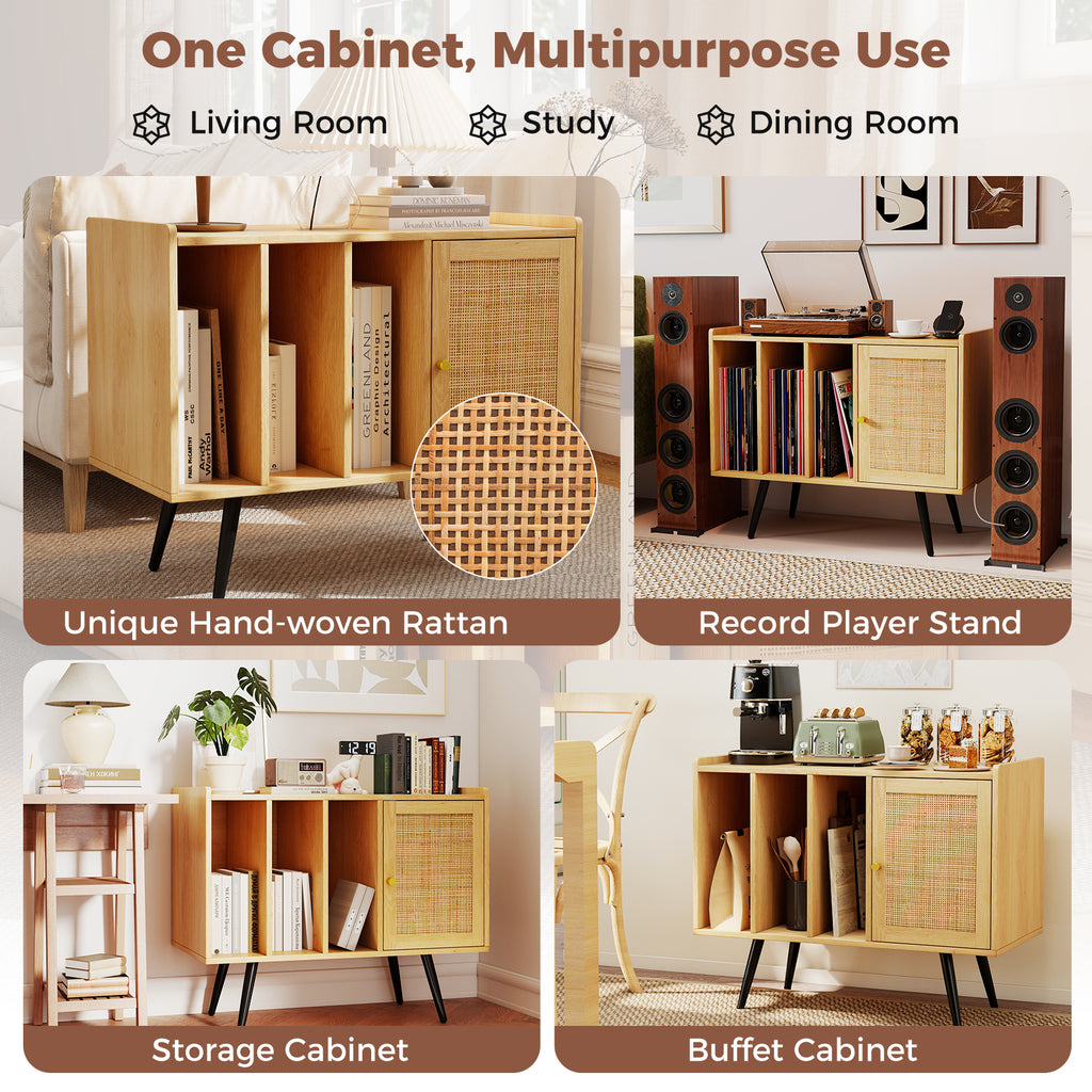 Record Player Stand with Charging Station and Rattan Cabinet - Natural