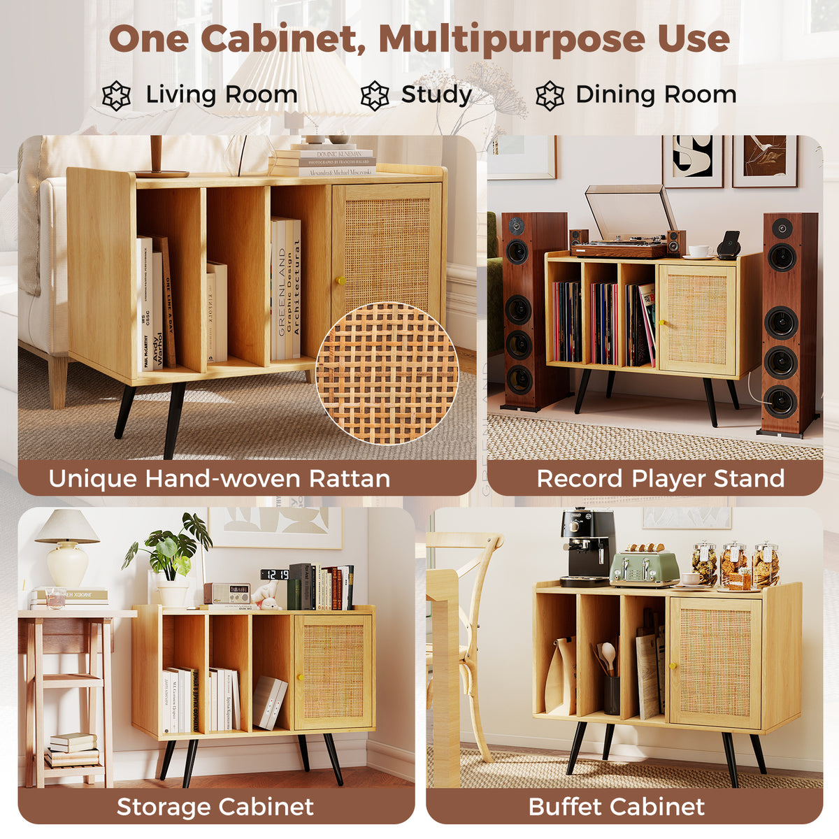 Record Player Stand with Charging Station and Rattan Cabinet - Natural