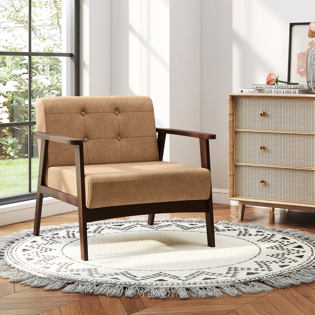 Beige Rubber Wood Accent Chair with Armrest - Living Room