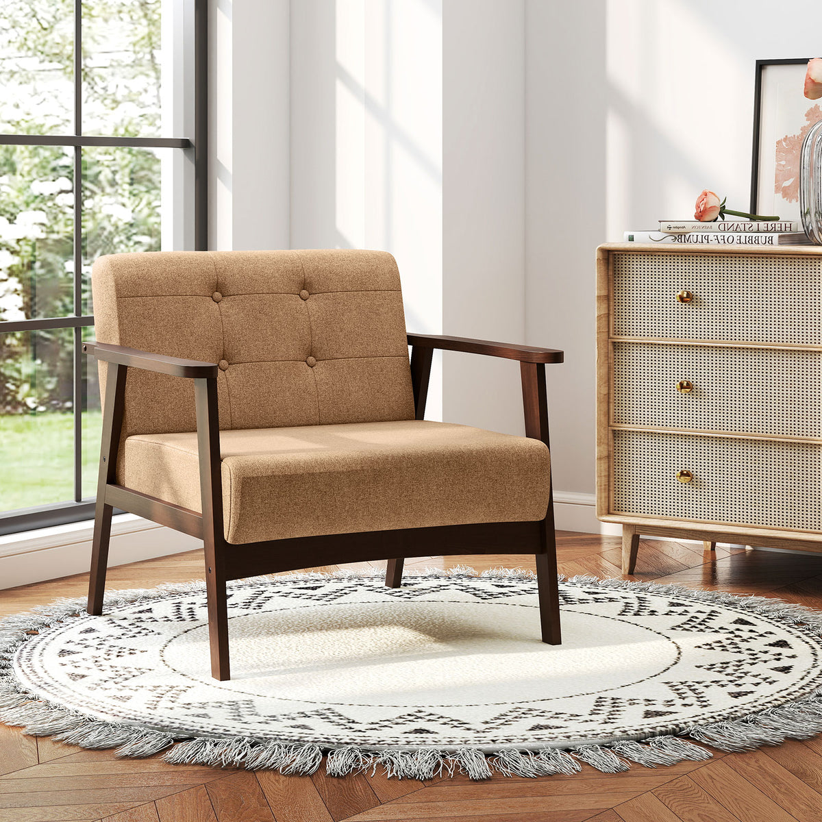 Beige Rubber Wood Accent Chair with Armrest - Living Room