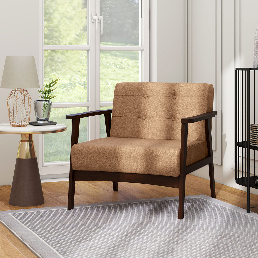 Beige Rubber Wood Accent Chair with Armrest - Living Room