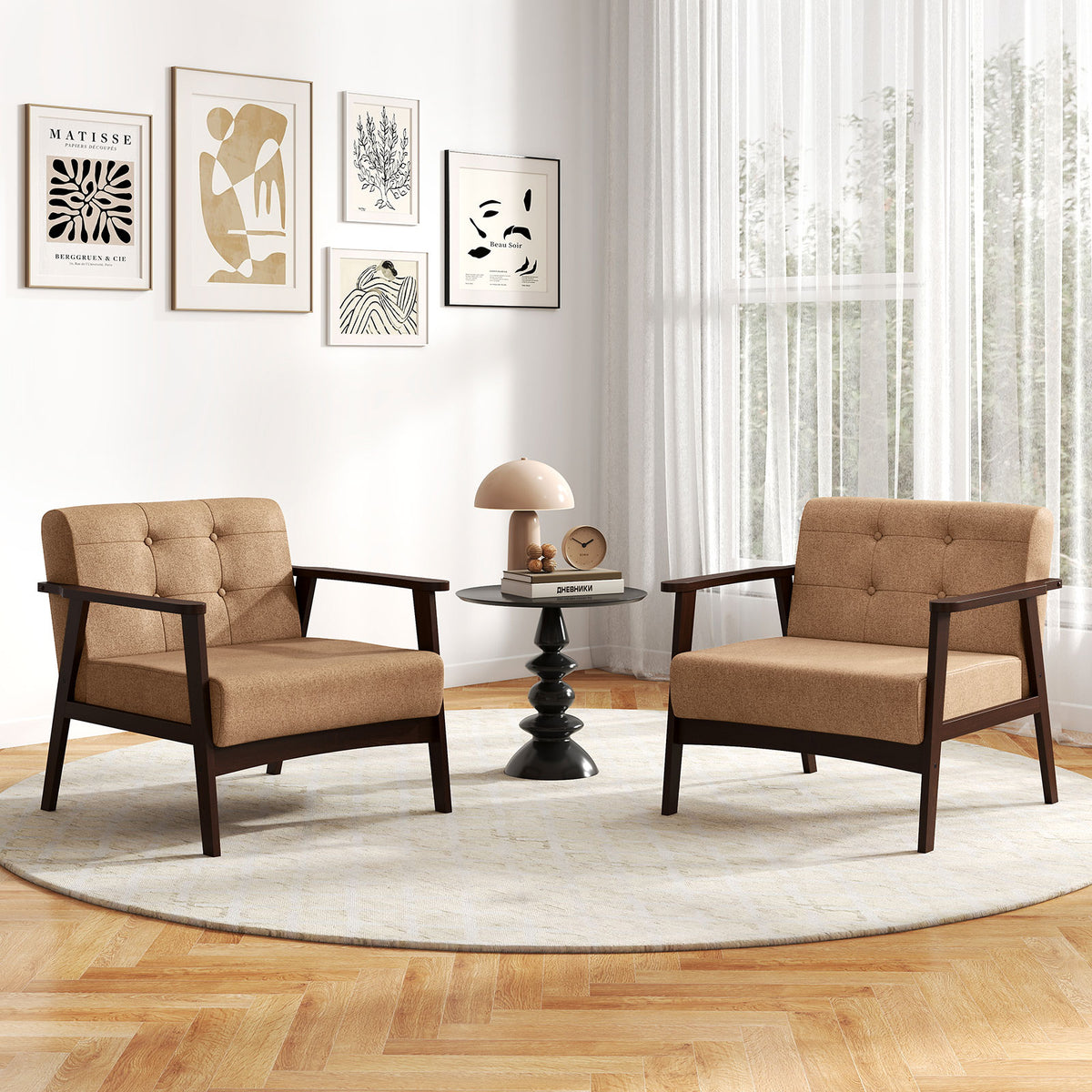 Beige Rubber Wood Accent Chair with Armrest - Living Room
