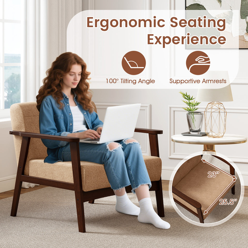Beige Rubber Wood Accent Chair with Armrest - Living Room