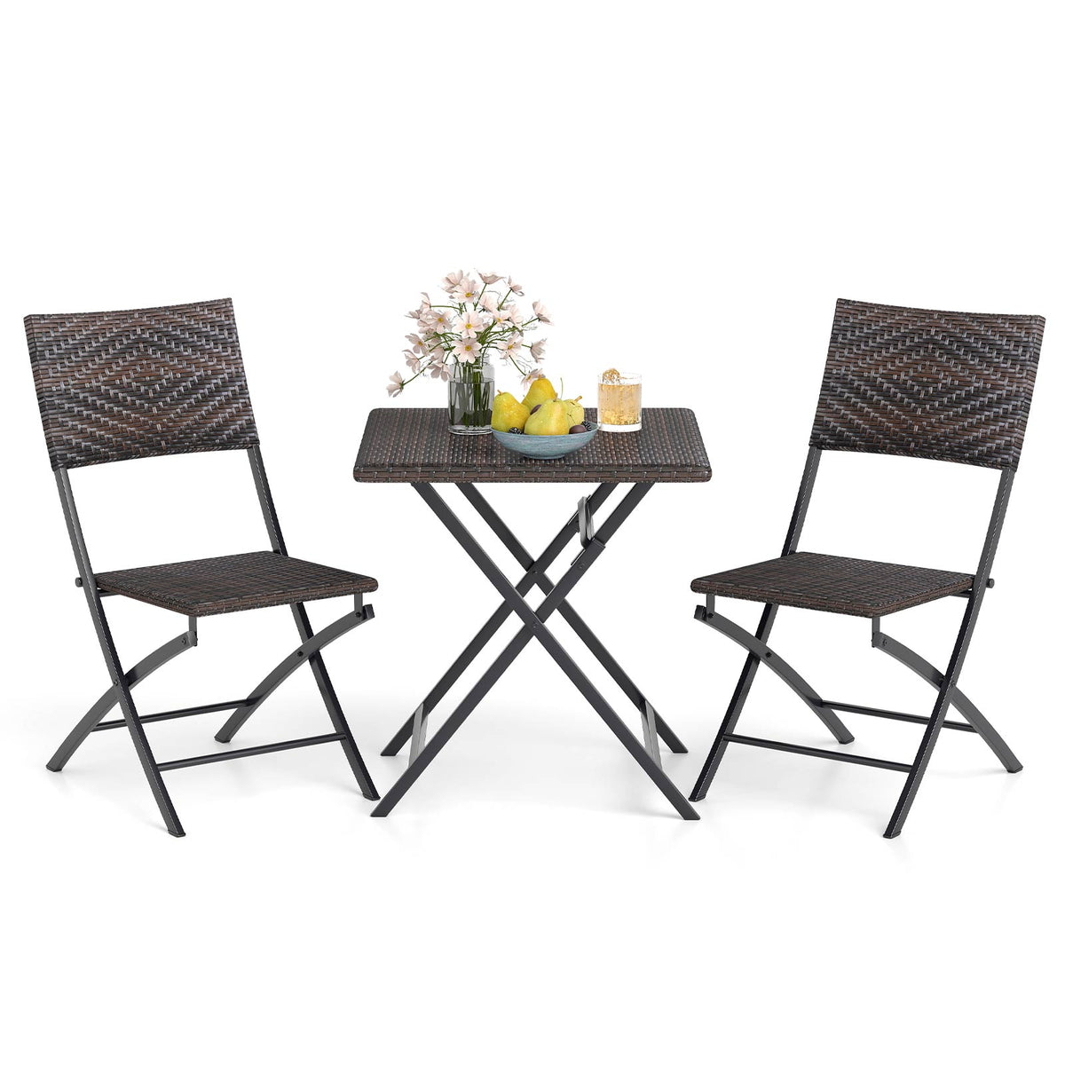 3 Piece Rattan Bistro Set Outdoor Folding Dining Table and Chairs