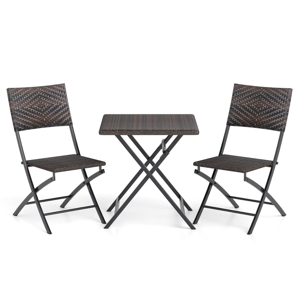 3 Piece Rattan Bistro Set Outdoor Folding Dining Table and Chairs