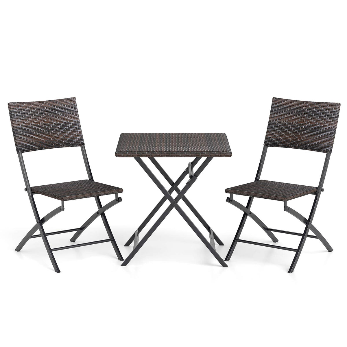 3 Piece Rattan Bistro Set Outdoor Folding Dining Table and Chairs