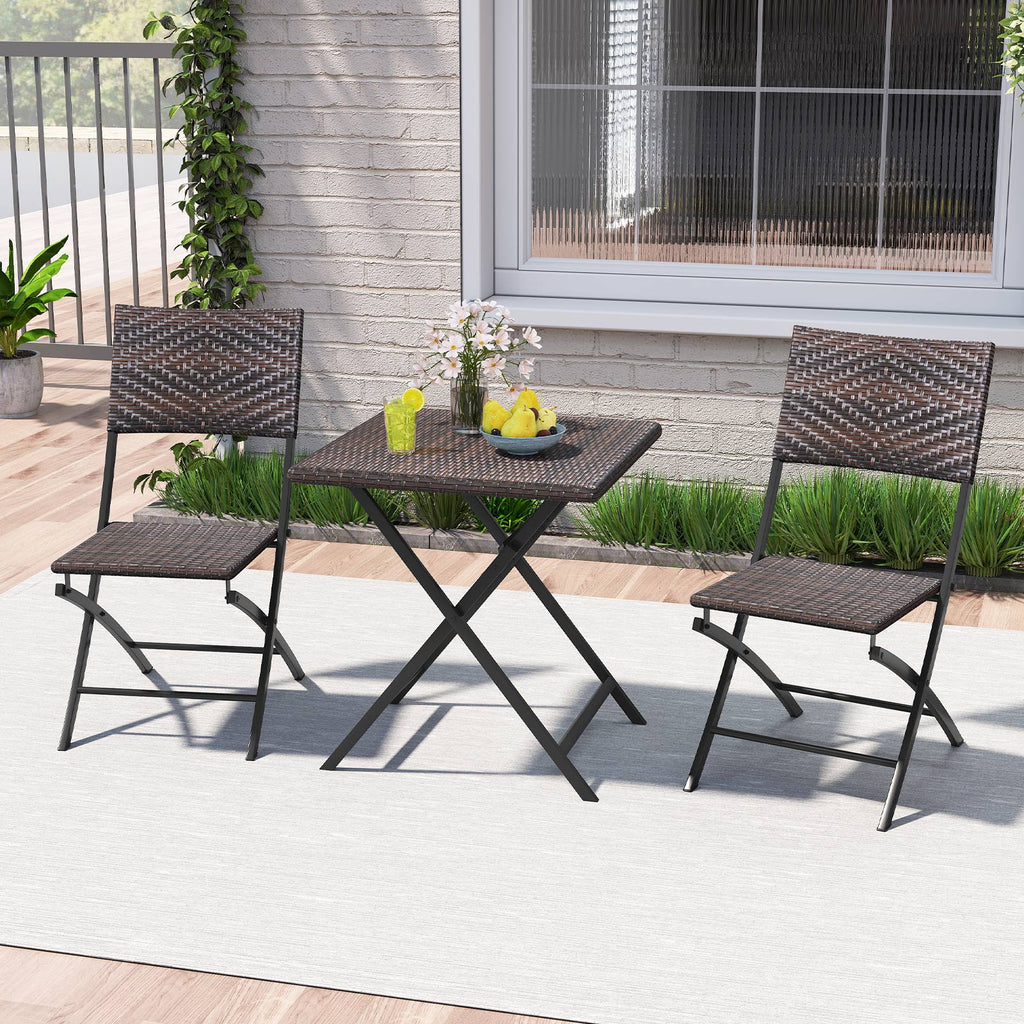 3 Piece Rattan Bistro Set Outdoor Folding Dining Table and Chairs