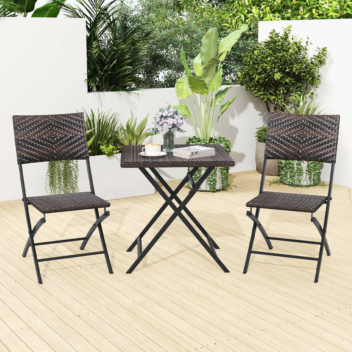 3 Piece Rattan Bistro Set Outdoor Folding Dining Table and Chairs