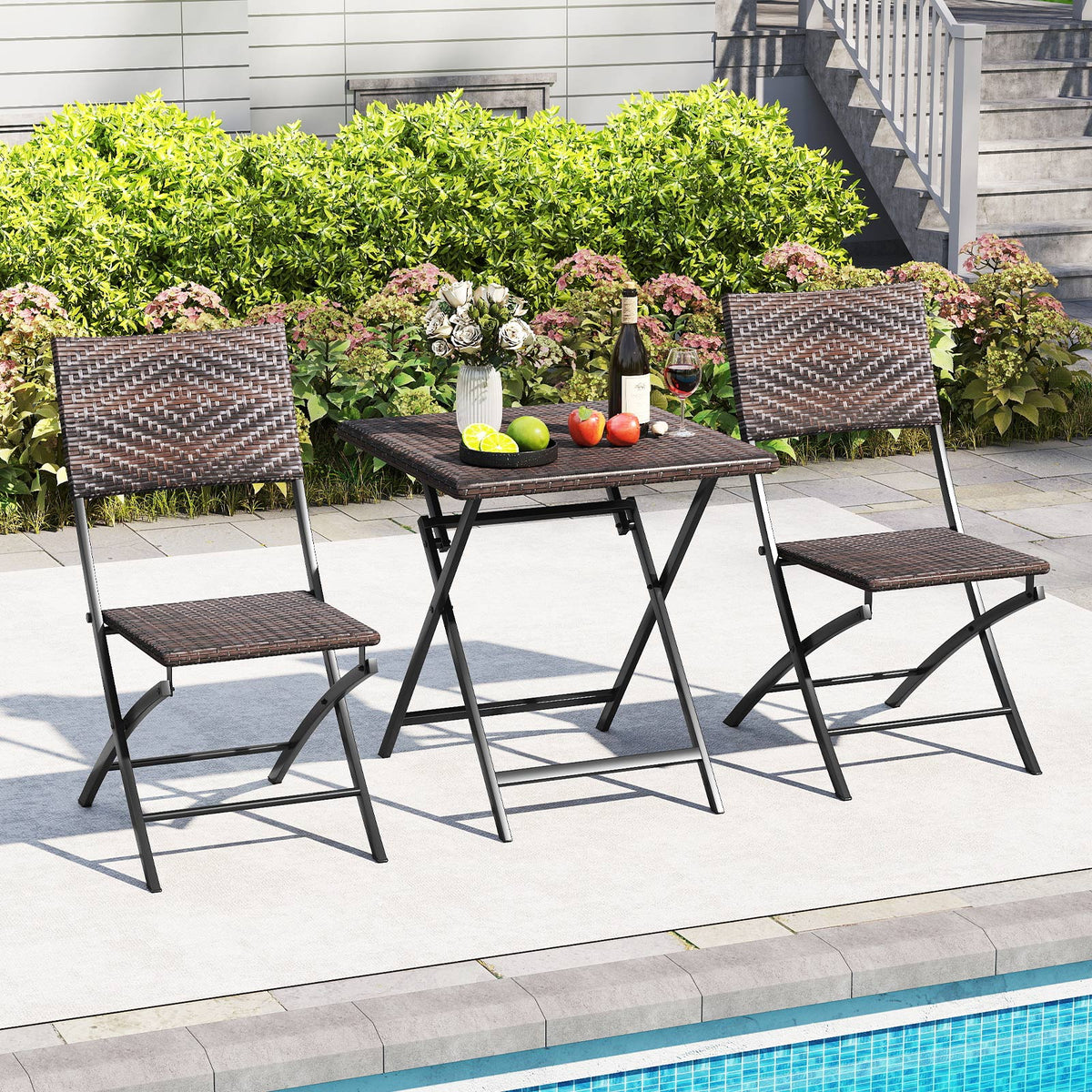 3 Piece Rattan Bistro Set Outdoor Folding Dining Table and Chairs