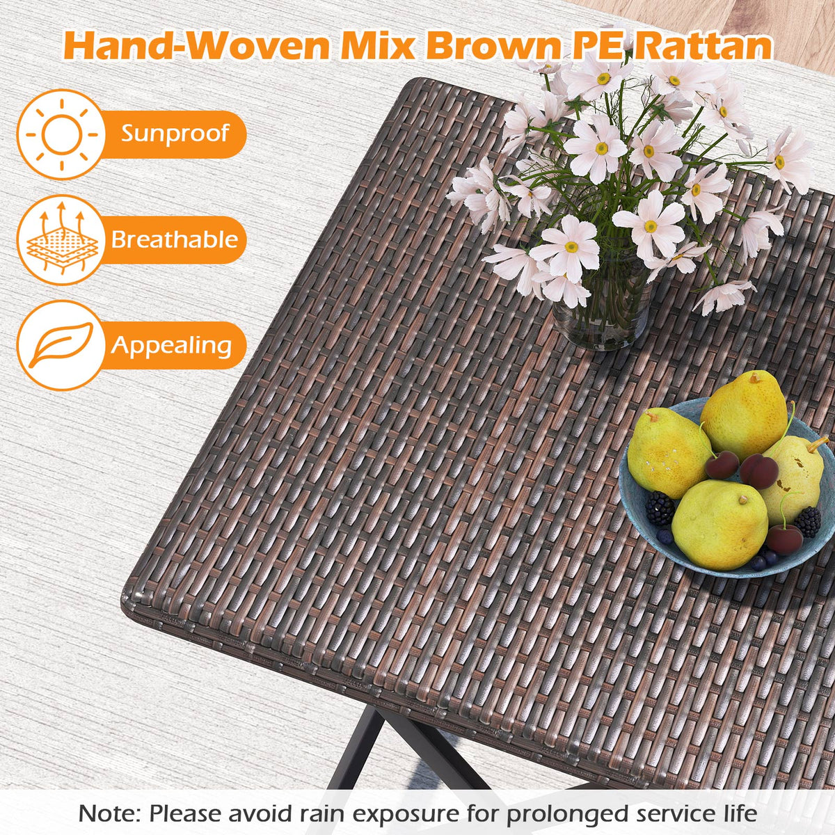 3 Piece Rattan Bistro Set Outdoor Folding Dining Table and Chairs