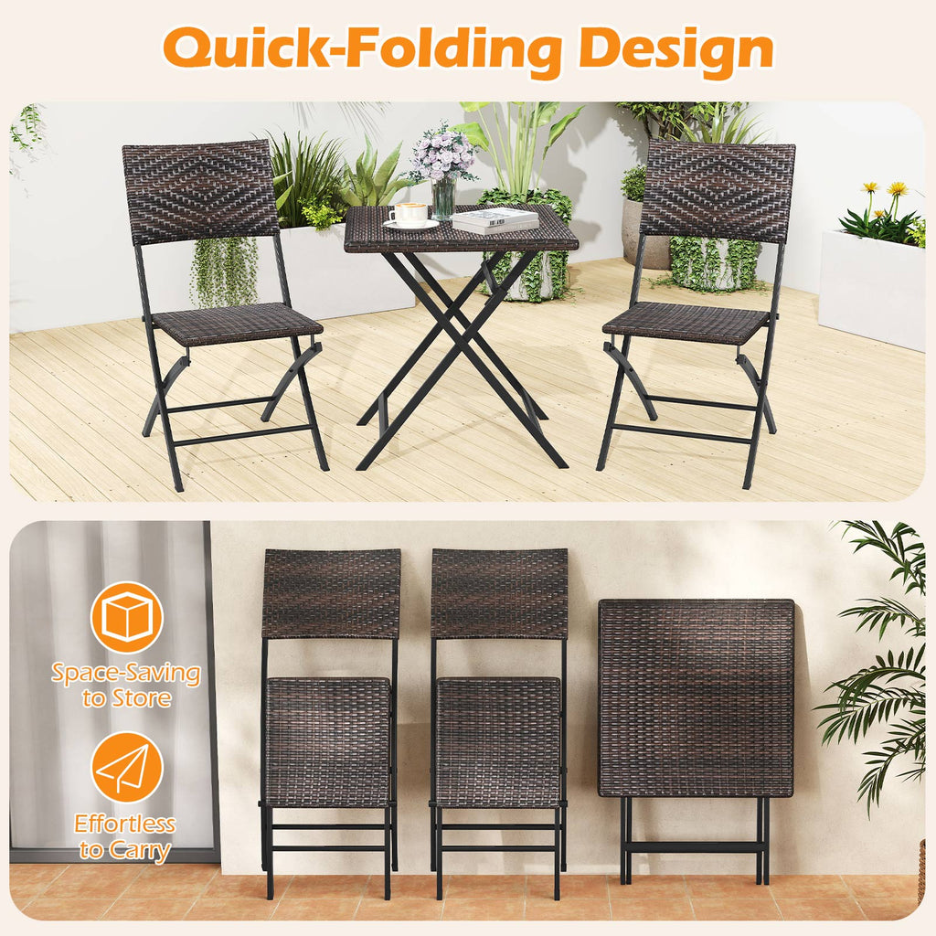 3 Piece Rattan Bistro Set Outdoor Folding Dining Table and Chairs